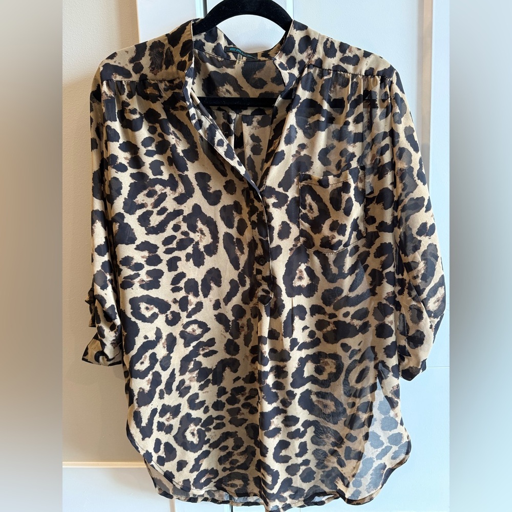 Cals Brown and Black 3/4 Sleeve Notched Collar Blouse